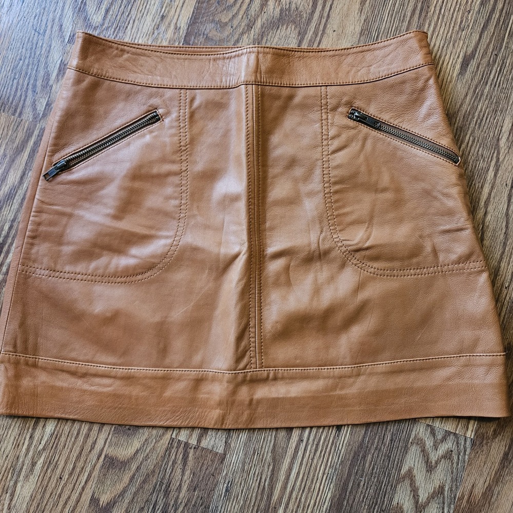 Halogen Soft Genuine Leather Skirt Lined Size 6 Women Brown/Orange Zip Pockets